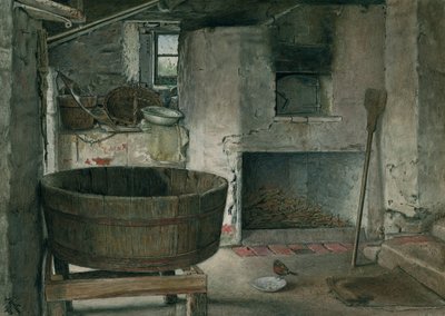 Cottage interieur met roodborstje, 1930 door Violet Linton
